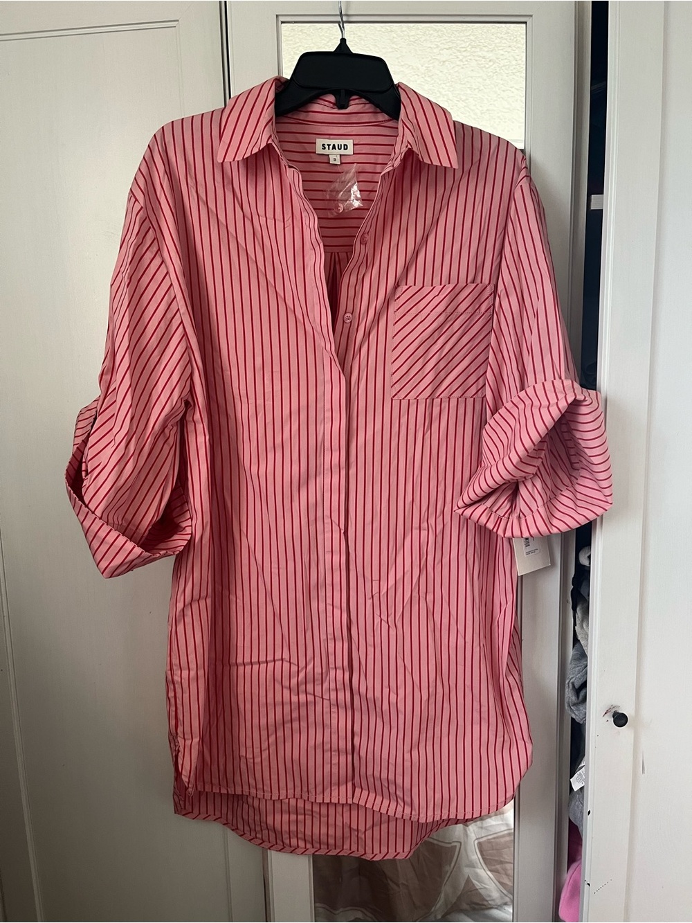 STAUD Pink and Red Striped Relaxed Shirt Dress - Picture 2 of 6